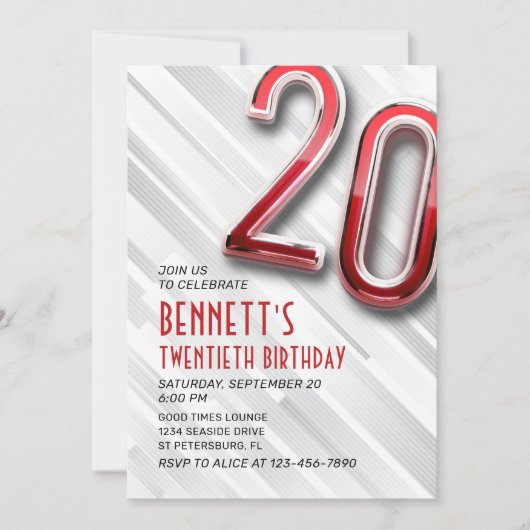 Moderne Volwassene 20e Verjaardag Uitnodiging (Voorkant)