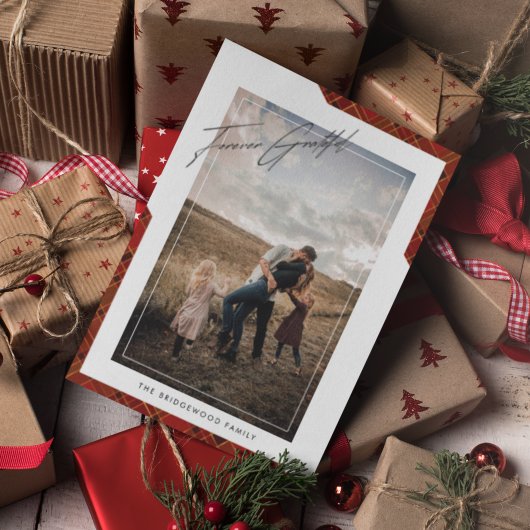 Moderne 'Voor altijd dankbaar' geruite foto kerstk Feestdagenkaart