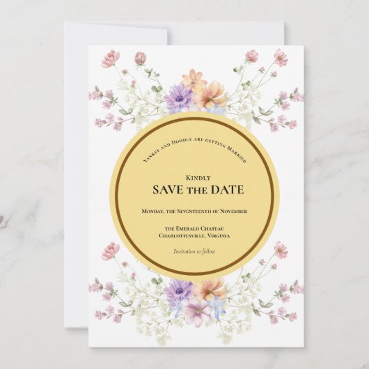 Moderne voorjaarsbruiloft met wilde bloemen save the date (Voorkant)