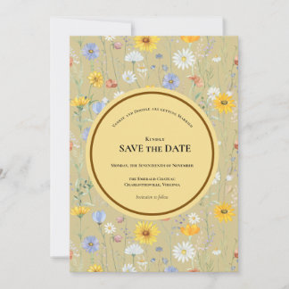 Moderne voorjaarsbruiloft met wilde bloemen save the date