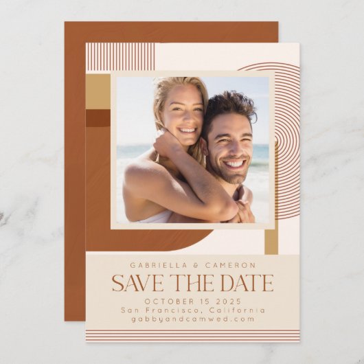 Moderne vormen en line terracotta save the date (Voorkant / Achterkant)