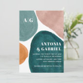 Moderne vormen oranje blauwgroen roze monogram bru kaart (Staand voorkant)