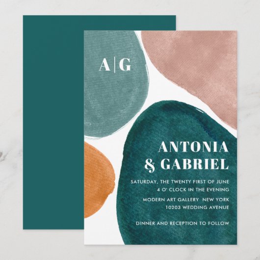 Moderne vormen oranje blauwgroen roze monogram bru kaart (Voorkant / Achterkant)