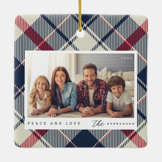 Moderne Vrede en Liefde Kerstmis Familie Foto Keramisch Ornament (Achterkant)