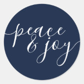 Moderne Vrede en Vreugde Blauw Wit Kerstmis Ronde Sticker (Voorkant)