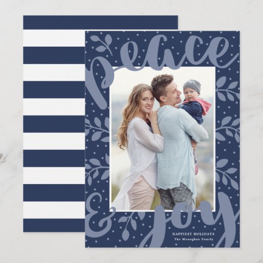 Moderne Vrede en Vreugde Stijlvolle Kerstmis Blauw Feestdagenkaart (Voorkant / Achterkant)