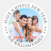 Moderne Vrede & Liefde Familie Foto Nieuwjaar Ronde Sticker (Voorkant)