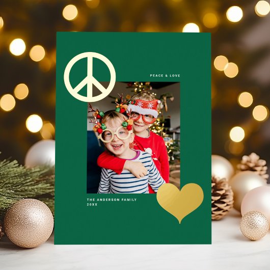 Moderne Vrede Liefde Symbolen Eén Foto Groen Goud Folie Feestdagenkaart