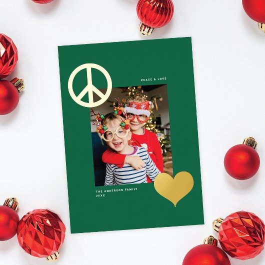Moderne Vrede Liefde Symbolen Eén Foto Groen Goud Folie Feestdagenkaart