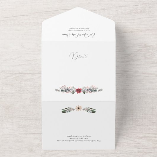 Moderne Vrede & Vreugde Kerstmis Botanische Foto All In One Uitnodiging (Buitenkant)