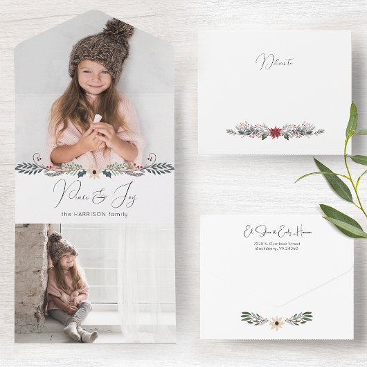 Moderne Vrede & Vreugde Kerstmis Botanische Foto All In One Uitnodiging