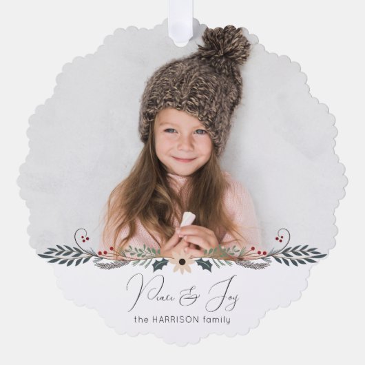 Moderne Vrede & Vreugde Kerstmis Botanische Foto Ornament Kaart (Voorkant)
