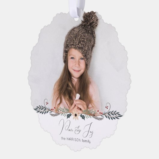 Moderne Vrede & Vreugde Kerstmis Botanische Foto Ornament Kaart (Links)
