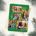 Moderne Vrede Vreugde Liefde Aangepaste Kleur Coll Folie Feestdagenkaart<br><div class="desc">Deze stijlvolle vijf fotocollage kerstkaart is voorzien van moderne typografie lezen, PEACE, JOY en LOVE in echte gouden folie over een felgroene achtergrond (de kleur kan worden aangepast aan elke gewenste kleur). De achterkant van de kaart bevat een bijpassend faux folie kerstboompatroon over een aangepaste kleur achtergrond (weergegeven in wit)....</div>