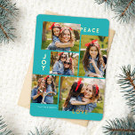 Moderne Vrede Vreugde Liefde Aangepaste Kleur Coll Folie Feestdagenkaart<br><div class="desc">Deze stijlvolle vijf fotocollage kerstkaart is voorzien van moderne typografie lezen, PEACE, JOY en LOVE in echte gouden folie over een aqua gekleurde achtergrond (de kleur kan worden aangepast aan elke gewenste kleur). De achterkant van de kaart bevat een bijpassend faux folie kerstboompatroon over een aangepaste kleur achtergrond (weergegeven in...</div>