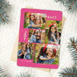 Moderne Vrede Vreugde Liefde Aangepaste Kleur Coll Folie Feestdagenkaart<br><div class="desc">Deze stijlvolle vijf fotocollage kerstkaart is voorzien van moderne typografie lezen, PEACE, JOY en LOVE in echte gouden folie over een felroze achtergrond (de kleur kan worden aangepast aan elke gewenste kleur). De achterkant van de kaart bevat een bijpassend faux folie kerstboompatroon over een aangepaste kleur achtergrond (weergegeven in wit)....</div>