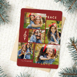 Moderne Vrede Vreugde Liefde Aangepaste Kleur Coll Folie Feestdagenkaart<br><div class="desc">Deze stijlvolle vijf fotocollage kerstkaart is voorzien van moderne typografie lezen, PEACE, JOY en LOVE in echte gouden folie over een bordeaux rode achtergrond (de kleur kan worden aangepast aan elke gewenste kleur). De achterkant van de kaart bevat een bijpassend faux folie kerstboompatroon over een aangepaste kleur achtergrond (weergegeven in...</div>