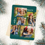 Moderne Vrede Vreugde Liefde Aangepaste Kleur Coll Folie Feestdagenkaart<br><div class="desc">Deze stijlvolle vijf fotocollage kerstkaart is voorzien van moderne typografie lezen, PEACE, JOY en LOVE in echte gouden folie over een donkere blauwgroen achtergrond (de kleur kan worden aangepast aan elke gewenste kleur). De achterkant van de kaart bevat een bijpassend faux folie kerstboompatroon over een aangepaste kleur achtergrond (weergegeven in...</div>