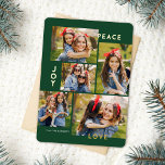Moderne Vrede Vreugde Liefde Aangepaste Kleur Coll Folie Feestdagenkaart<br><div class="desc">Deze stijlvolle vijf fotocollage kerstkaart is voorzien van moderne typografie lezen, PEACE, JOY en LOVE in echte gouden folie over een donkergroene achtergrond (de kleur kan worden aangepast aan elke gewenste kleur). De achterkant van de kaart bevat een bijpassend faux folie kerstboompatroon over een aangepaste kleur achtergrond (weergegeven in wit)....</div>