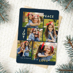 Moderne Vrede Vreugde Liefde Aangepaste Kleur Coll Folie Feestdagenkaart<br><div class="desc">Deze stijlvolle vijf fotocollage kerstkaart is voorzien van moderne typografie lezen, PEACE, JOY en LOVE in echte gouden folie op een marineblauwe achtergrond (de kleur kan worden aangepast aan elke gewenste kleur). De achterkant van de kaart bevat een bijpassend faux folie kerstboompatroon over een aangepaste kleur achtergrond (weergegeven in wit)....</div>