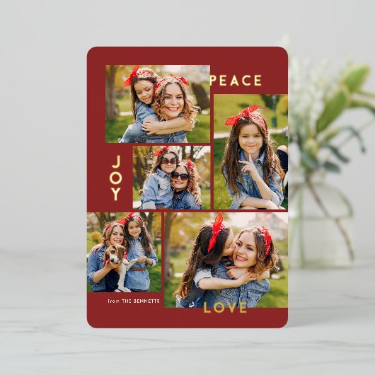 Moderne Vrede Vreugde Liefde Aangepaste Kleur Coll Folie Feestdagenkaart (Staand Voorkant)