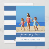 Moderne vredeskaart, Joy, Love Holiday | Blauw Feestdagenkaart (Voorkant / Achterkant)