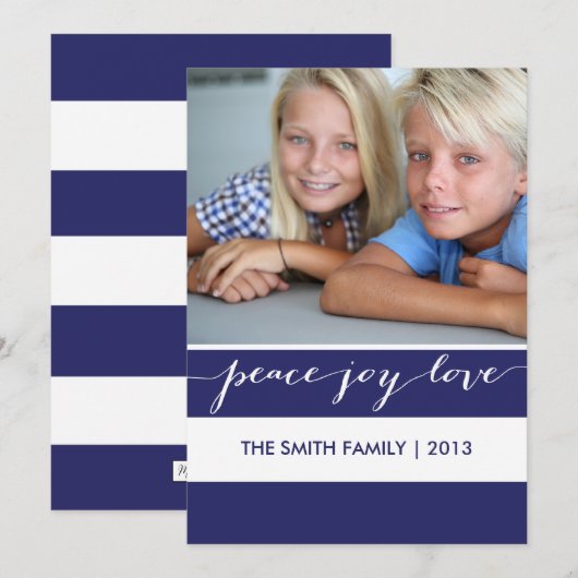 Moderne vredeskaart, Joy, Love Holiday | Blauw Feestdagenkaart (Voorkant / Achterkant)