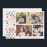 Moderne Vreugde aan de Kaart van de Foto van het<br><div class="desc">Fotografie door Gabriela Koopmans @ www.gabriela-photography.com Elegante Kerstkaart met plaatsen voor vier foto's. Maretak, bloemen, rode die bessen en naaldboomkegels samen met een rood lint wordt geïllustreerd. Het leest "Vreugde aan de Wereld" in fancy, trendy manuscriptdoopvonten. Personaliseer het met uw familienaam en foto's. *** TE MERKEN GELIEVE op dat als...</div>