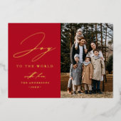 Moderne Vreugde aan de Wereld Rode Foto Folie Feestdagenkaart (Voorkant)