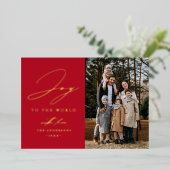 Moderne Vreugde aan de Wereld Rode Foto Folie Feestdagenkaart (Staand Voorkant)