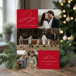 Moderne vreugde aan de wereld Rood 4 foto Feestdagenkaart