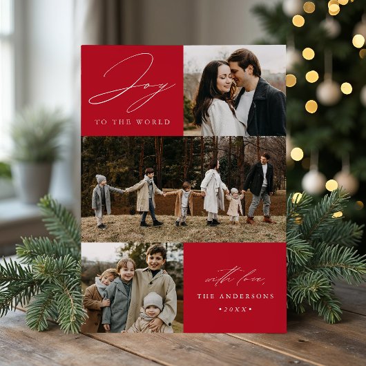 Moderne vreugde aan de wereld Rood 4 foto Feestdagenkaart