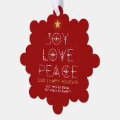 Moderne vreugde liefde vrede kerstvakantie foto ornament kaart (Links)