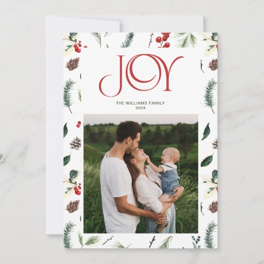 Moderne Vreugde Rode Berry Botanische Foto Kerstmi Feestdagenkaart (Voorkant)