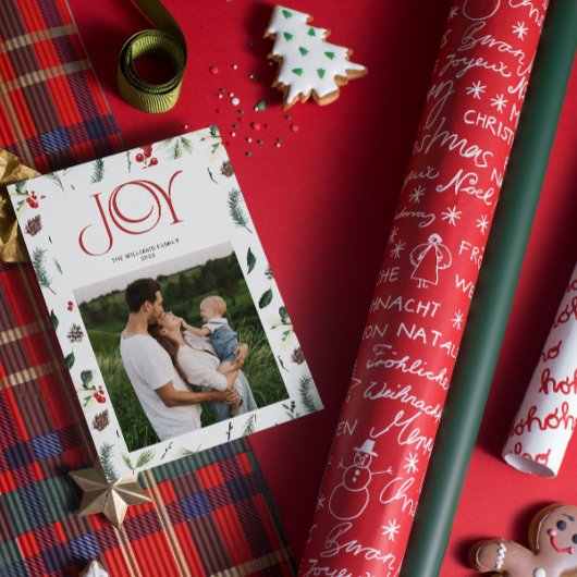 Moderne Vreugde Rode Berry Botanische Foto Kerstmi Feestdagenkaart