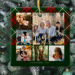 Moderne vreugdevolle familie fotocollage Kerstmis Keramisch Ornament<br><div class="desc">Elegant stijlvol geruite tartan faux gold vrolijk script zes familiefoto's en naam traditioneel rood groen boom ornament.</div>