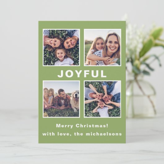 Moderne vreugdevolle kerstgroene fotocollage feestdagenkaart (Staand voorkant)