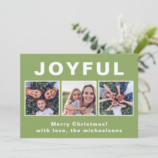 Moderne vreugdevolle kerstgroene fotocollage feestdagenkaart (Staand voorkant)