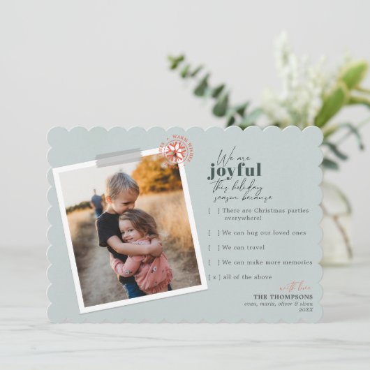 Moderne vreugdevolle redenen Groene foto-feestdag Feestdagenkaart (Staand voorkant)