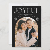 Moderne vreugdevolle sneeuwvlok zwarte boog foto feestdagenkaart (Voorkant)