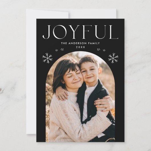 Moderne vreugdevolle sneeuwvlok zwarte boog foto feestdagenkaart (Voorkant)