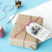 Moderne vreugdevolle typografie rode kerst foto cadeaulabel