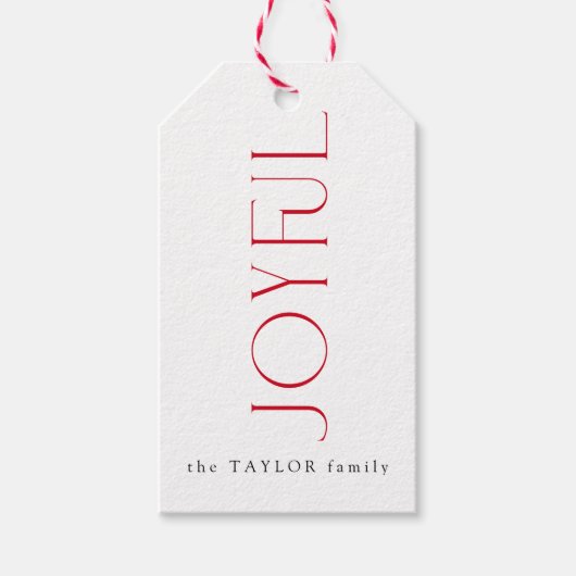 Moderne vreugdevolle typografie Rode Kerstvakantie Cadeaulabel (Voorkant)