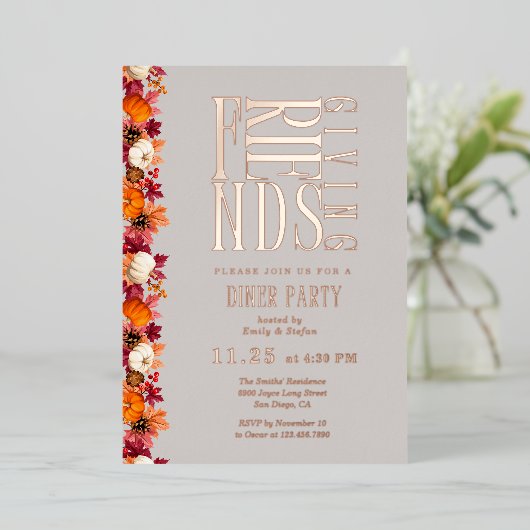 Moderne Vriendschappen Diner Bloemen Folie Uitnodiging (Staand Voorkant)