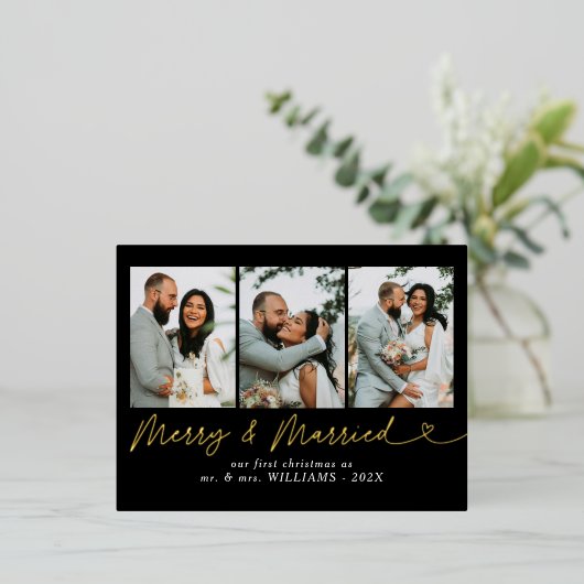 Moderne Vrolijk & Getrouwd Trouwfoto Kerstmis Folie Feestdagen Briefkaart (Staand Voorkant)