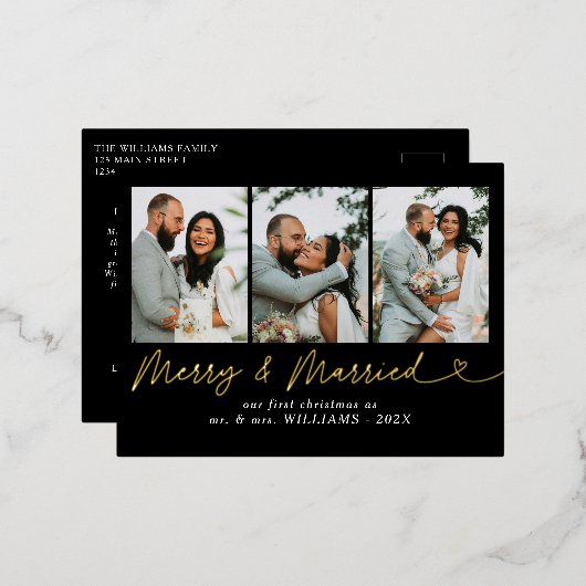 Moderne Vrolijk & Getrouwd Trouwfoto Kerstmis Folie Feestdagen Briefkaart (Voorkant / Achterkant)