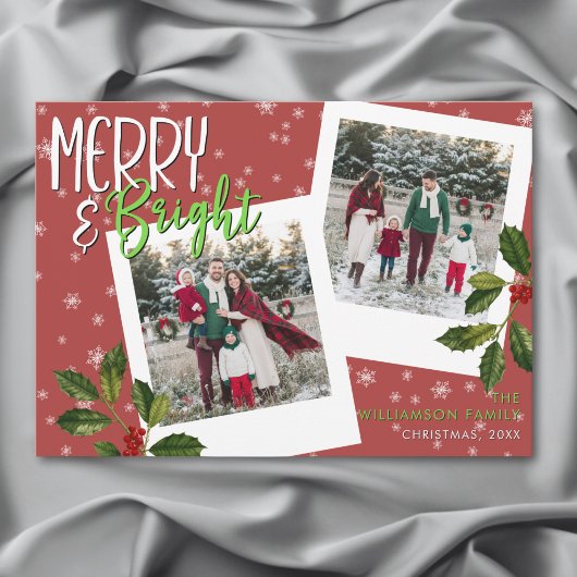 Moderne Vrolijk & Helder Rood Sneeuwvlok Holly Fot Feestdagenkaart