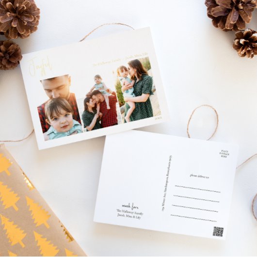 Moderne, vrolijk kerstscript drie foto's | Goud Folie Feestdagen Briefkaart