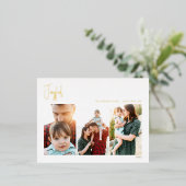 Moderne, vrolijk kerstscript drie foto's | Goud Folie Feestdagen Briefkaart (Staand Voorkant)