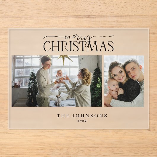 Moderne Vrolijk Kerstscript Fotovakantie Acryl Uitnodigingen (Voorkant)